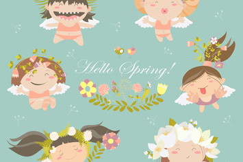 Vector set of cute spring angels with flowers