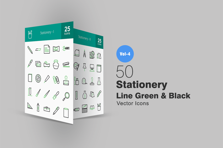 50 Stationery Line Green & Black Icons