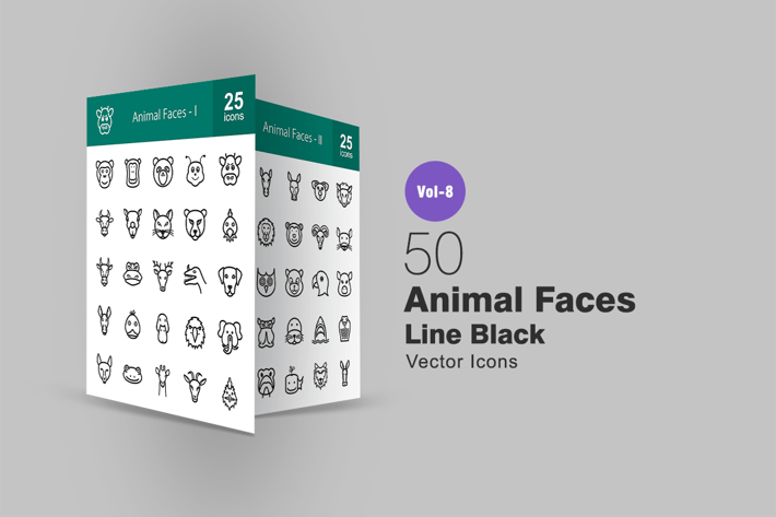 50 Animal Faces Line Icons