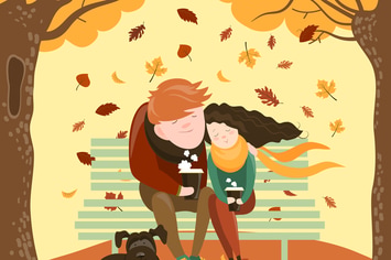 Couple sitting on bench and drink coffee. Vector 
