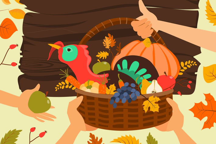 Wooden basket with turkey and vegetables