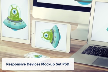 Tablets and Laptop on Wooden Desk - Mockup Set PSD