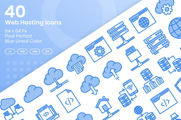 40 Web Hosting Icons Set - Blue Lineal Color