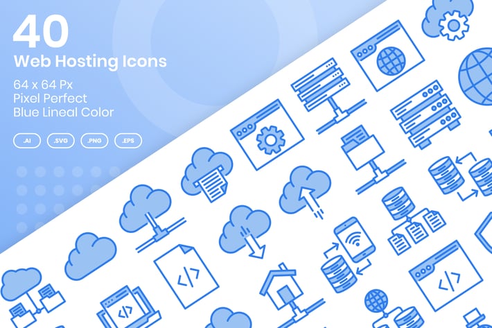 40 Web Hosting Icons Set - Blue Lineal Color