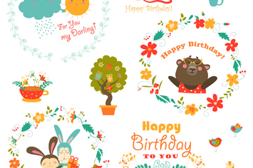 Set of vector birthday elements with cute animals 