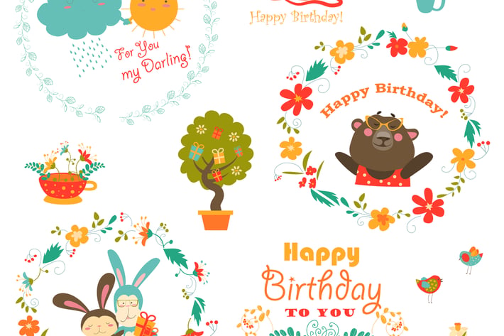 Set of vector birthday elements with cute animals 