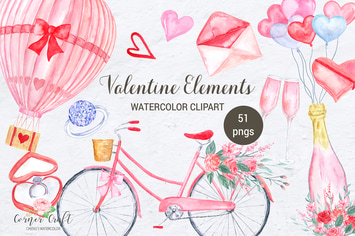 Watercolor Valentine Elements 