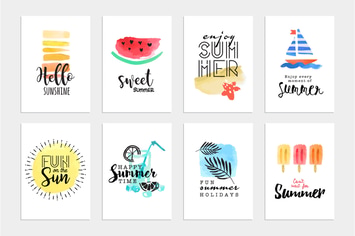 Set of hand drawn summer cards and banners