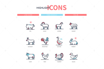 Farm animals collection - line design style icons