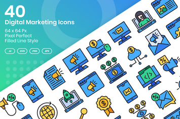 40 Digital Marketing Icons Set - Filled Line