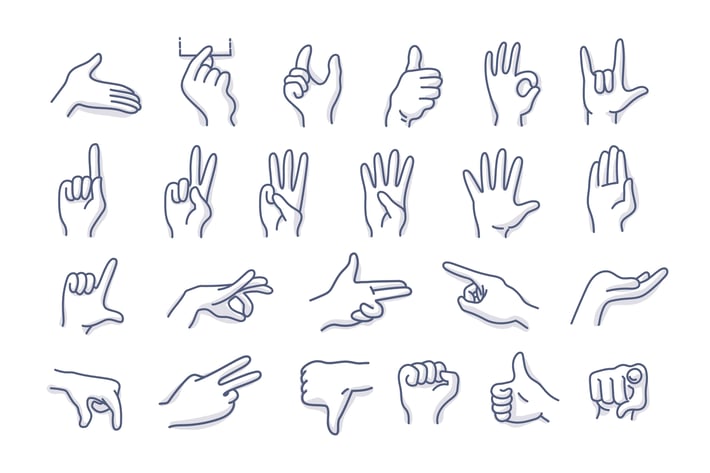 Hand gestures doodle line icons