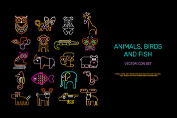 Animal vector icon set (neon colors)