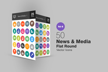 50 News & Media Flat Round Icons