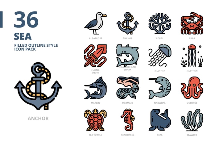 Sea Filled Outline Style Icon Pack