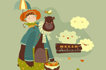 Girl and bear walking under an umbrella. Vector 