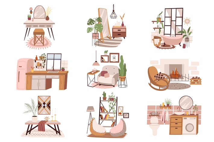 Different Rooms At Home Set Isolated Elements