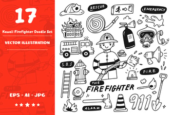 Kawaii firefighters Doodle Set