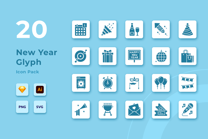 20 Happy New Year Glyph Vector Icon Pack
