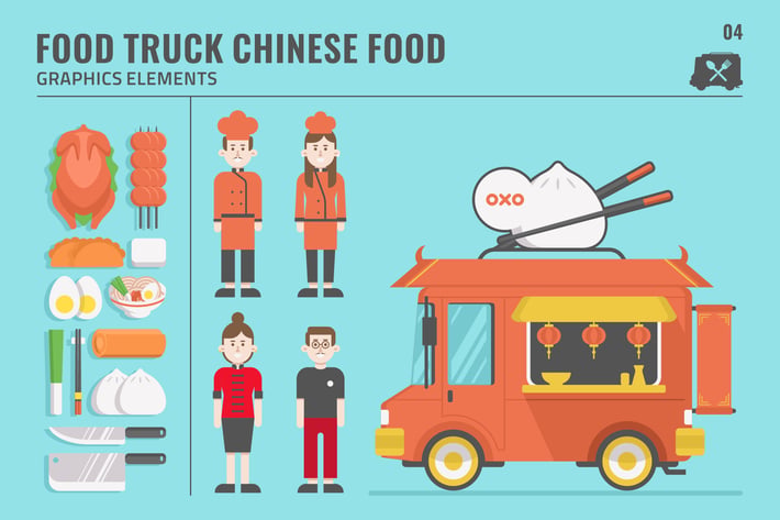 Amazing Chinese Food Truck Graphic Elements Set