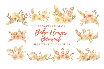  10 Watercolor Boho Flower Bouquet Illustration