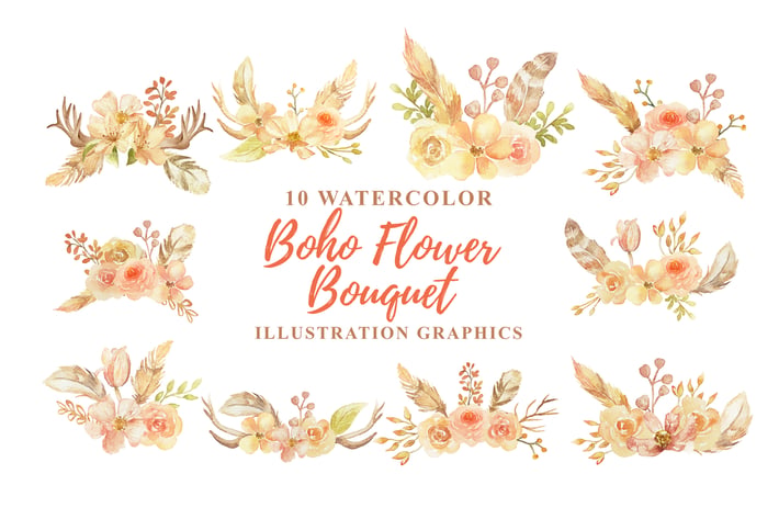  10 Watercolor Boho Flower Bouquet Illustration