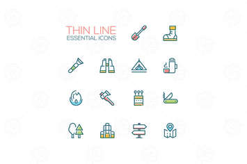 Camping - modern vector thin line icons set
