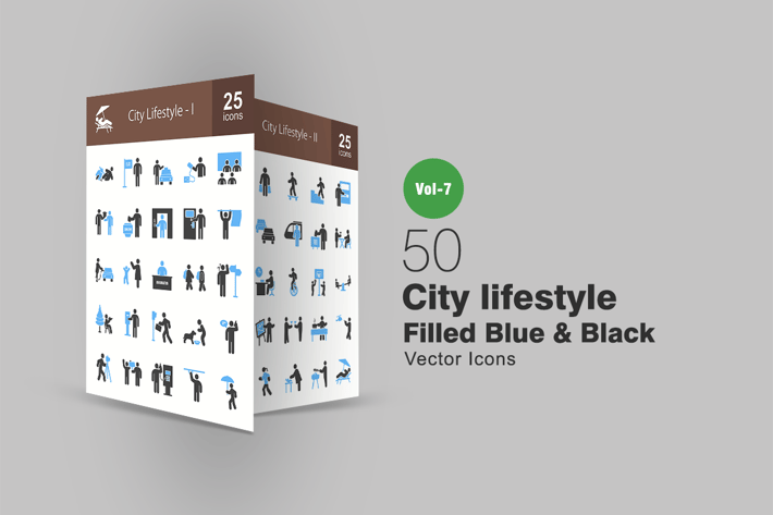 50 City Lifestyle Blue & Black Icons