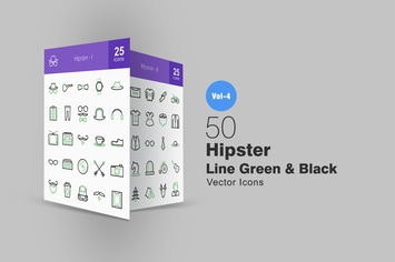 50 Hipster Line Green & Black Icons