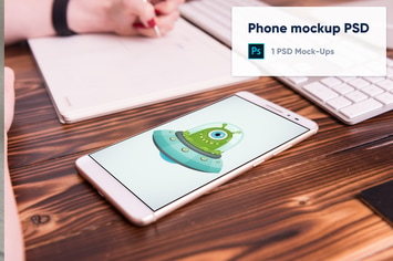 Phone on paper notebook, two hands, Mockup PSD