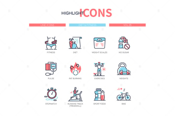 Diet and fitness - line design style icons set