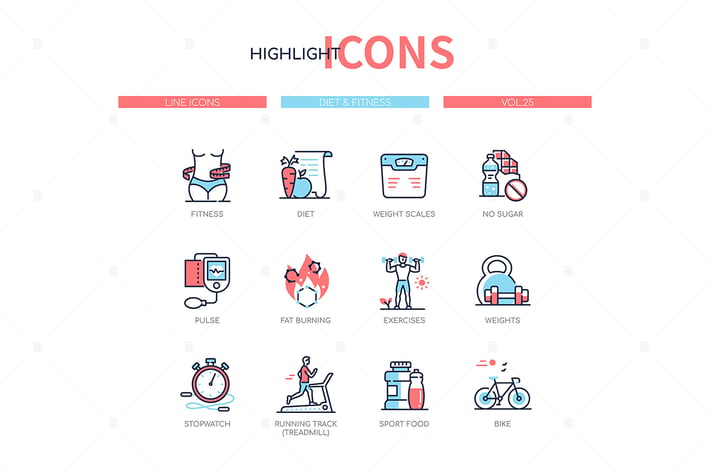 Diet and fitness - line design style icons set