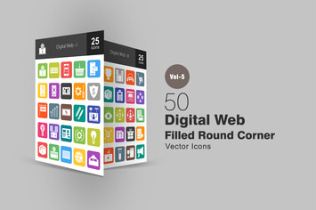 50 Digital Web Flat Round Corner Icons