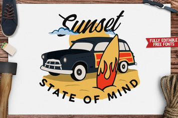 Retro Surfing Print Design, T-Shirt. Surf Car SVG
