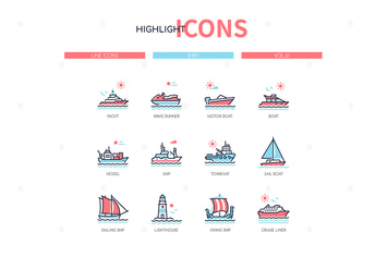 Different ships - line design style icons set