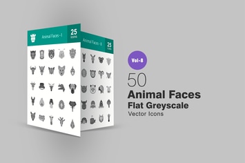 50 Animal Faces Flat Greyscale Icons