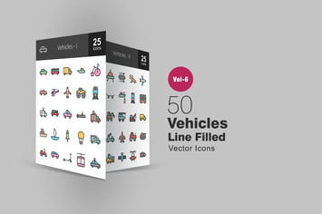 50 Vehicles Filled Line Icons