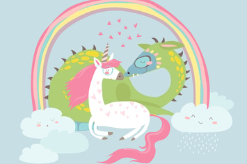 Cute cartoon dragon with unicorn. Vector 