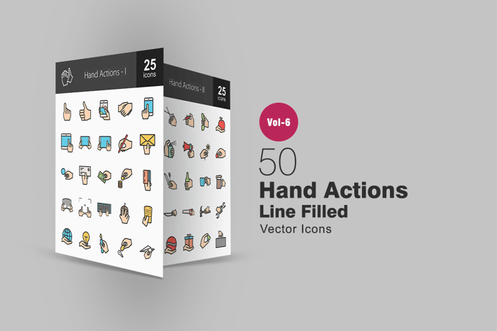 50 Hand Actions Filled Line Icons