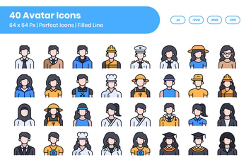 40 Avatar Icons set - Filled Line Style