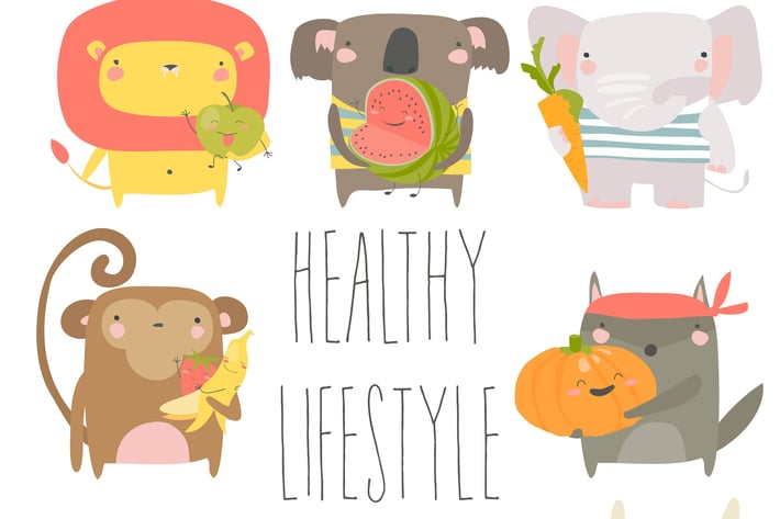 Cartoon animals holding fruits and vegetables on w