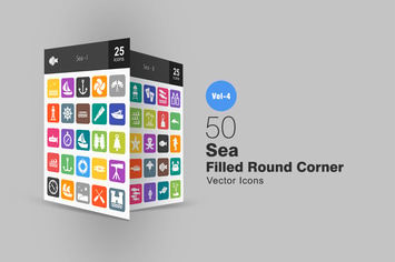 50 Sea Flat Round Corner Icons