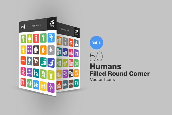 50 Humans Flat Round Corner Icons