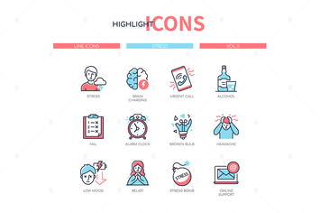 Stress & psychological problems line design icons