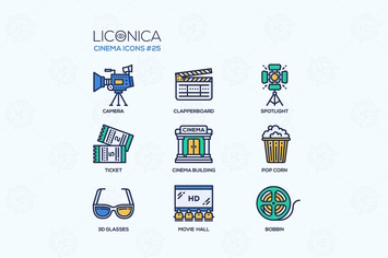 Cinema - modern vector flat line design icons set