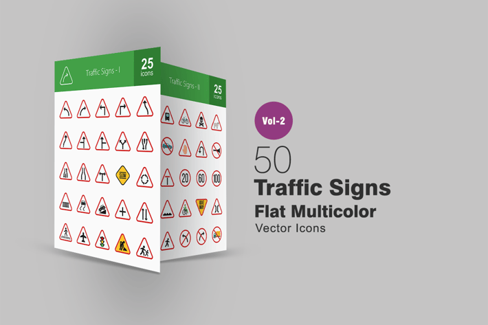 50 Traffic Signs Flat Multicolor Icons
