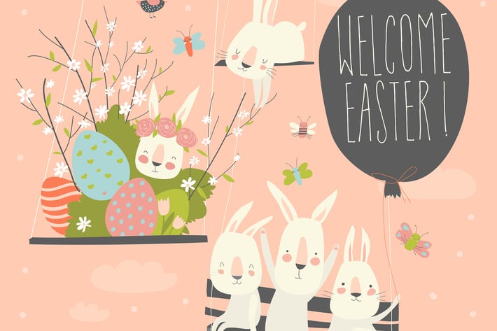 Cute cartoon bunny with Easter eggs and flowers. 