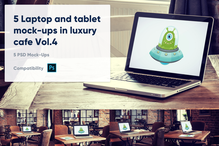 5 Laptop and tablet mock-ups in cafe Vol. 4