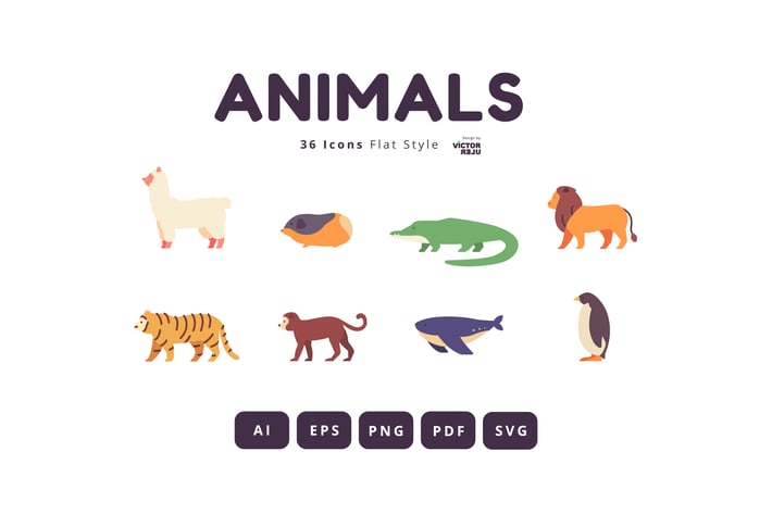 36 Animals Icons Flat Style