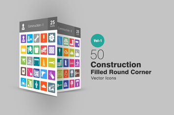 50 Construction Filled Round Corner Icons