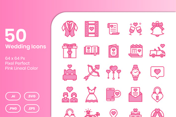 50 Wedding Icons Set - Pink Lineal Color